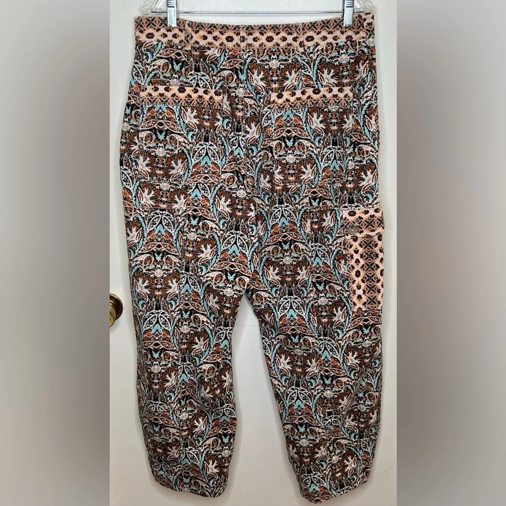 Anthropologie Corduroy Barrel Leg Pants, Blue & Brown Motif, Women’s 14